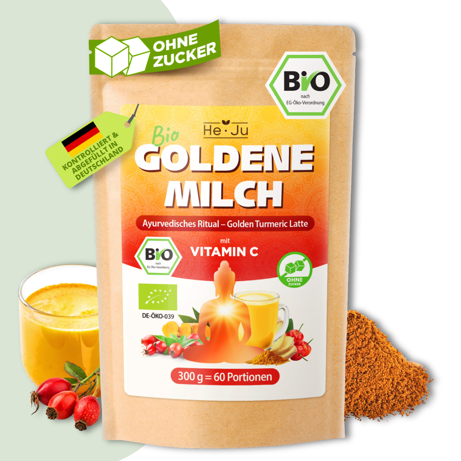 He-Ju Bio Goldene Milch Immungold 300g (60 Portionen), Mit Vitamin C aus Acerola & Hagebutte