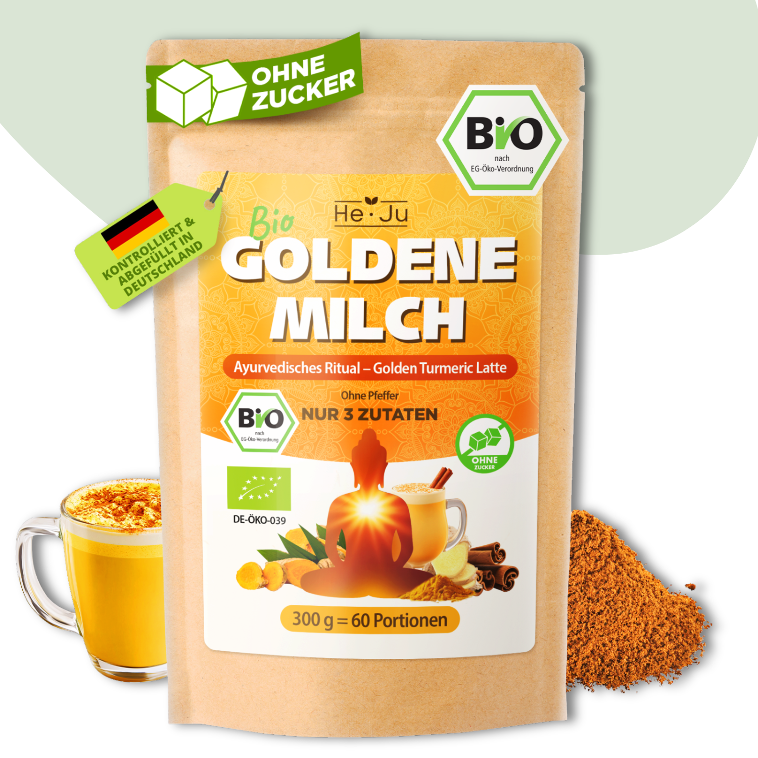 He-Ju Bio Goldene Milch Pur 300g (60 Portionen), Nur 3 Zutaten: Kurkuma, Ingwer & Ceylon Zimt