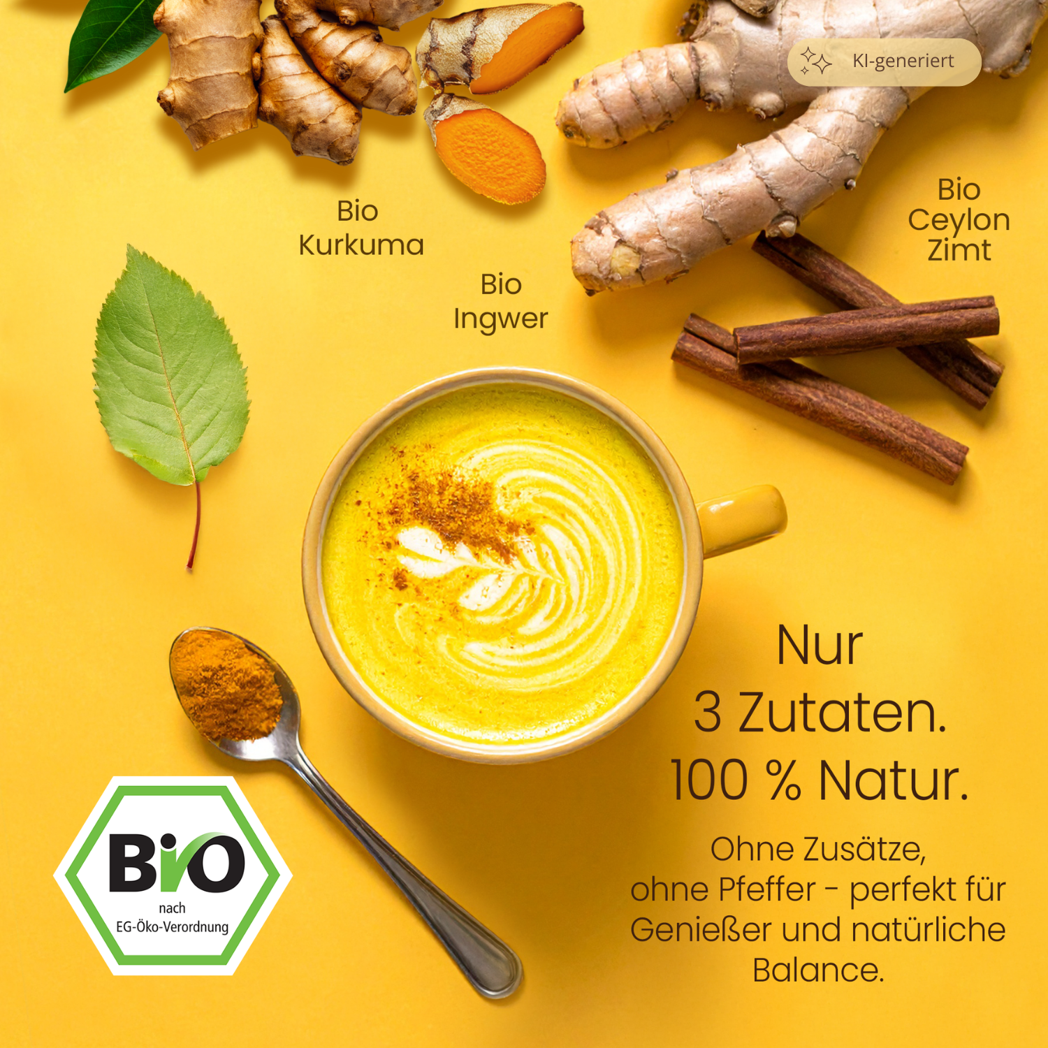 He-Ju Bio Goldene Milch Pur 300g (60 Portionen), Nur 3 Zutaten: Kurkuma, Ingwer & Ceylon Zimt