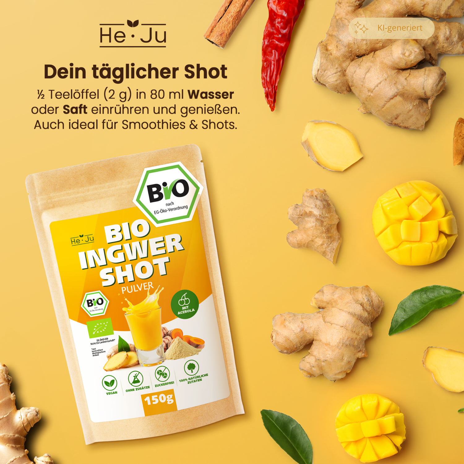 He-Ju Bio Ingwer Shot Pulver 150g (75 Shots) mit natürlichem Vitamin C aus Acerola, extra scharf