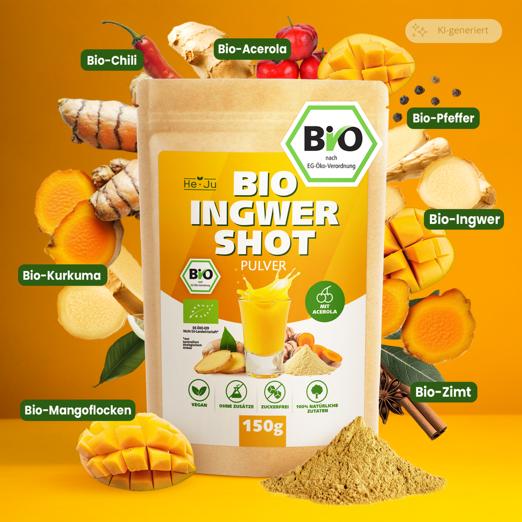 He-Ju Bio Ingwer Shot Pulver 150g (75 Shots) mit natürlichem Vitamin C aus Acerola, extra scharf