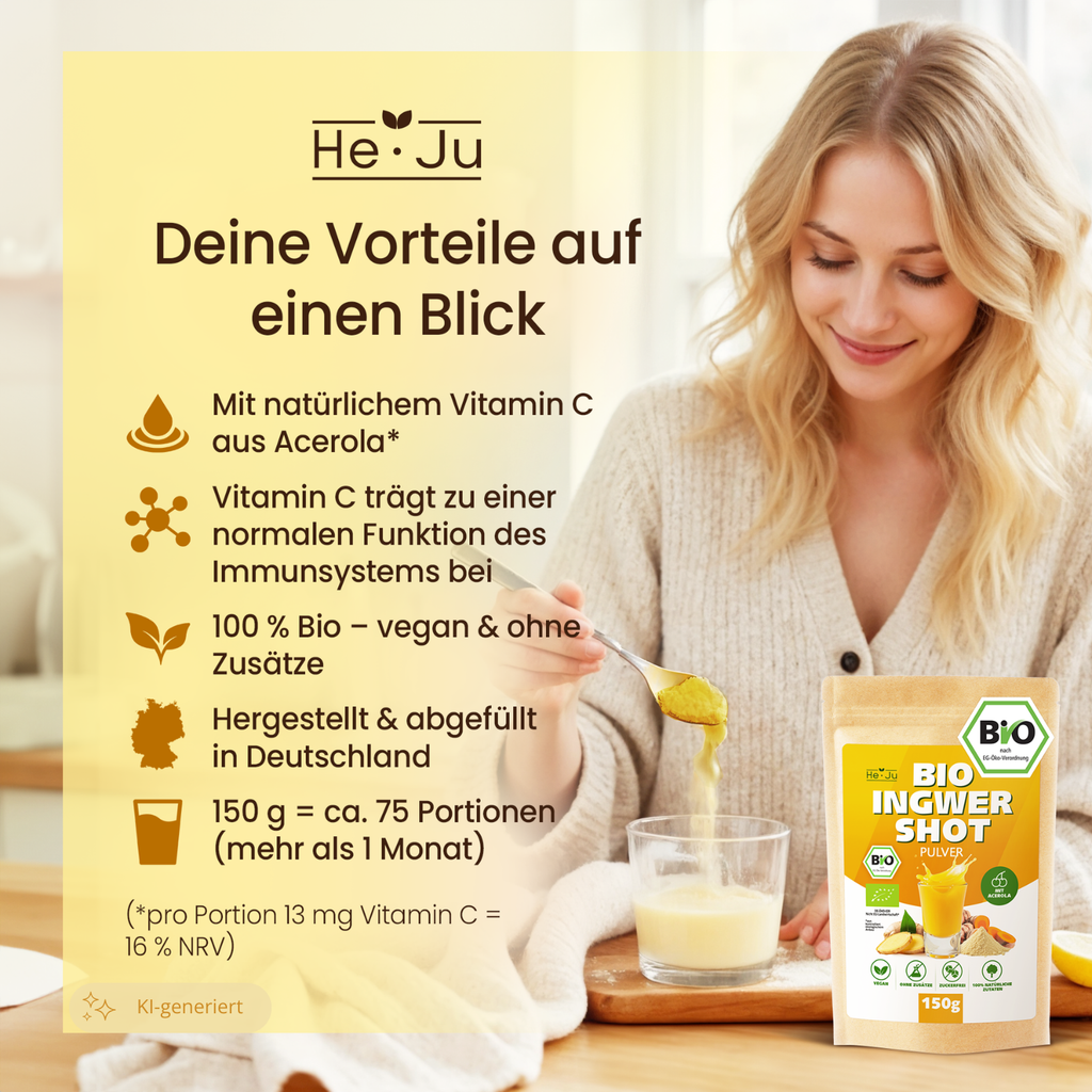 He-Ju Bio Ingwer Shot Pulver 150g (75 Shots) mit natürlichem Vitamin C aus Acerola, extra scharf