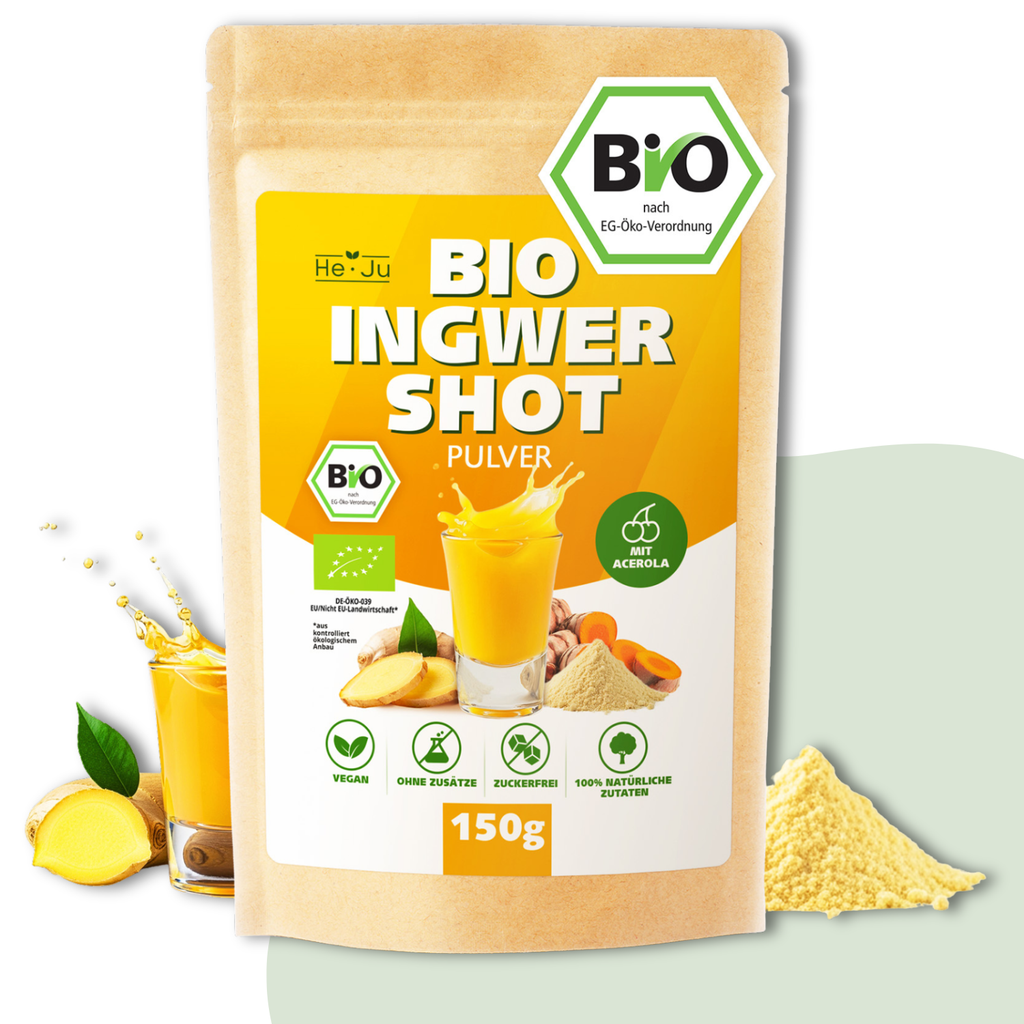 He-Ju Bio Ingwer Shot Pulver 150g (75 Shots) mit natürlichem Vitamin C aus Acerola, extra scharf
