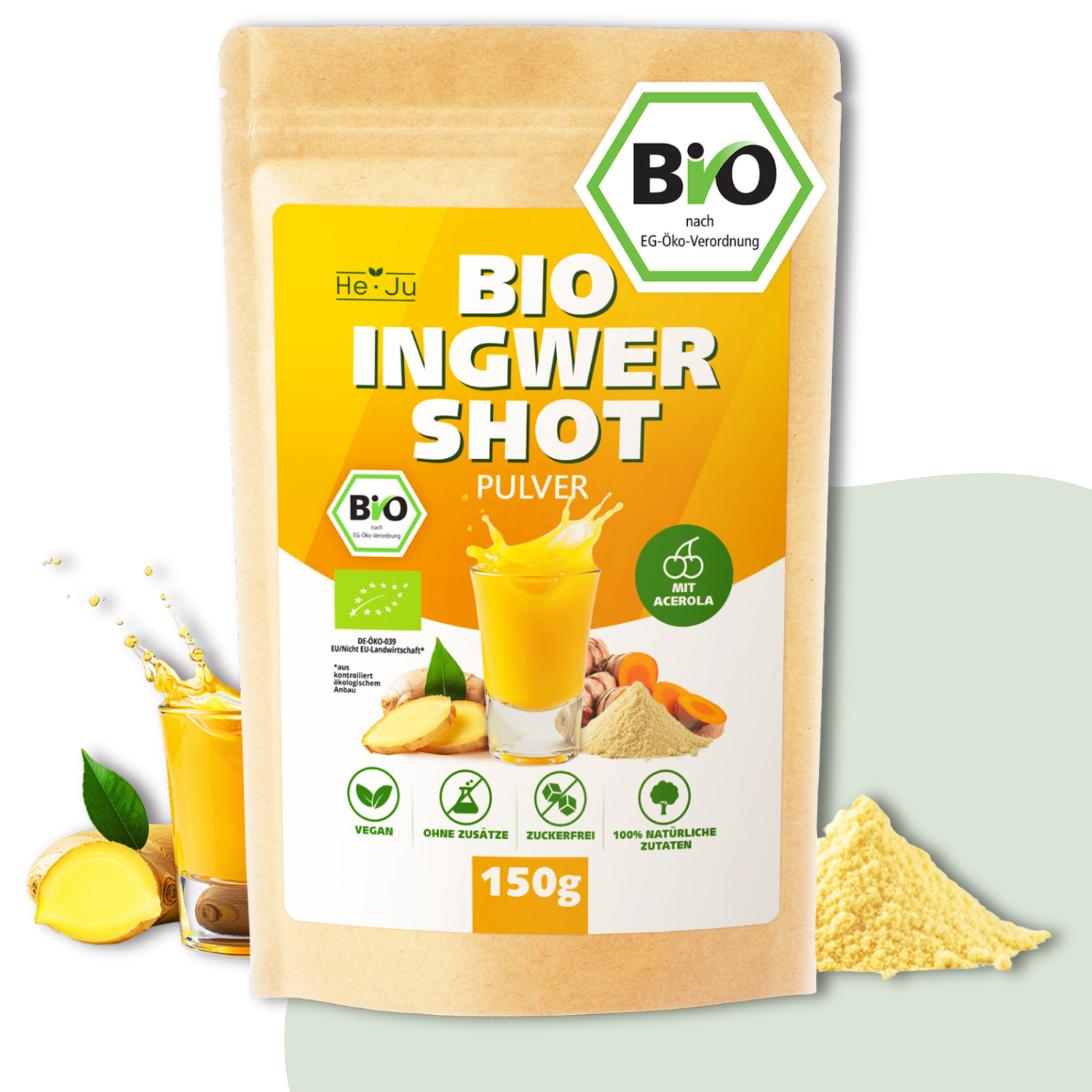 He-Ju Bio Ingwer Shot Pulver 150g (75 Shots) mit natürlichem Vitamin C aus Acerola, extra scharf