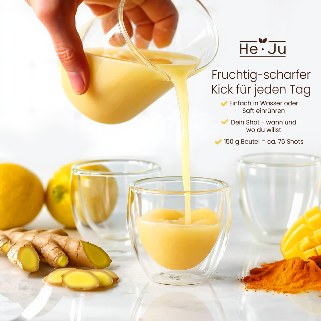 He-Ju Bio Ingwer Shot Pulver 150g (75 Shots) mit natürlichem Vitamin C aus Acerola, extra scharf