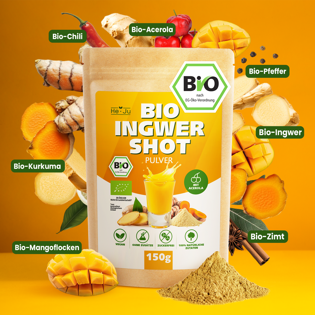He-Ju Bio Ingwer Shot Pulver 150g (75 Shots) mit natürlichem Vitamin C aus Acerola, extra scharf