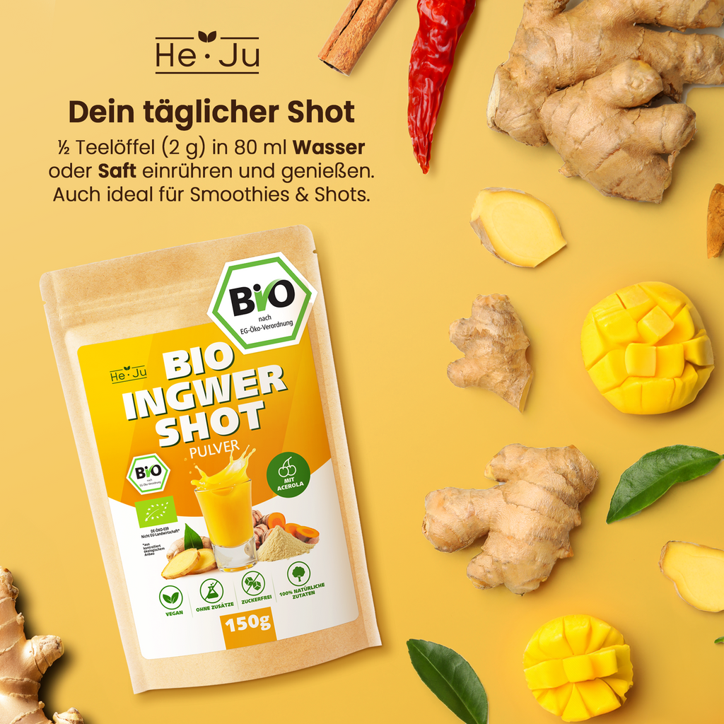 He-Ju Bio Ingwer Shot Pulver 150g (75 Shots) mit natürlichem Vitamin C aus Acerola, extra scharf