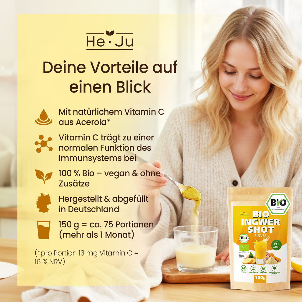 He-Ju Bio Ingwer Shot Pulver 150g (75 Shots) mit natürlichem Vitamin C aus Acerola, extra scharf