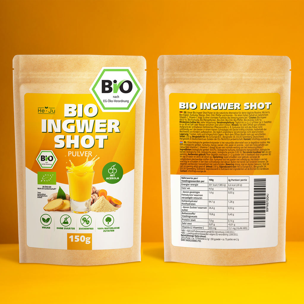 He-Ju Bio Ingwer Shot Pulver 150g (75 Shots) mit natürlichem Vitamin C aus Acerola, extra scharf