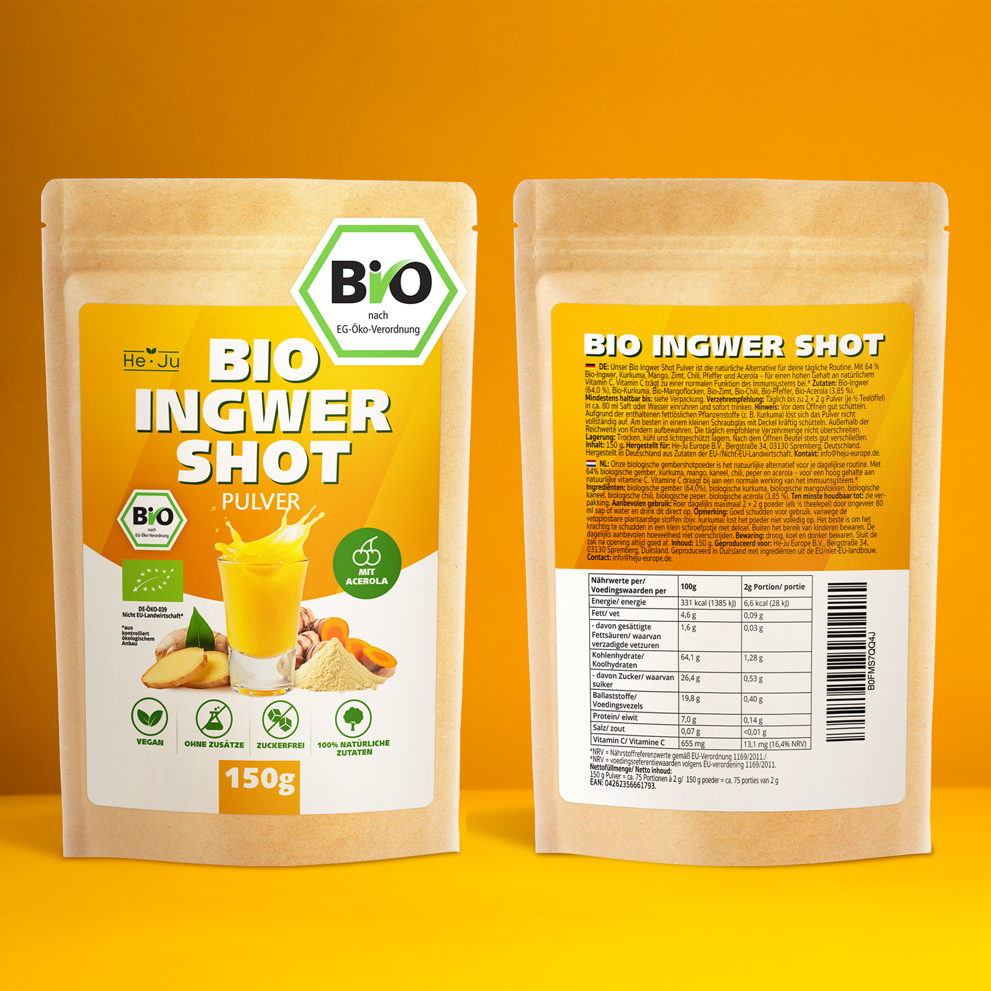 He-Ju Bio Ingwer Shot Pulver 150g (75 Shots) mit natürlichem Vitamin C aus Acerola, extra scharf