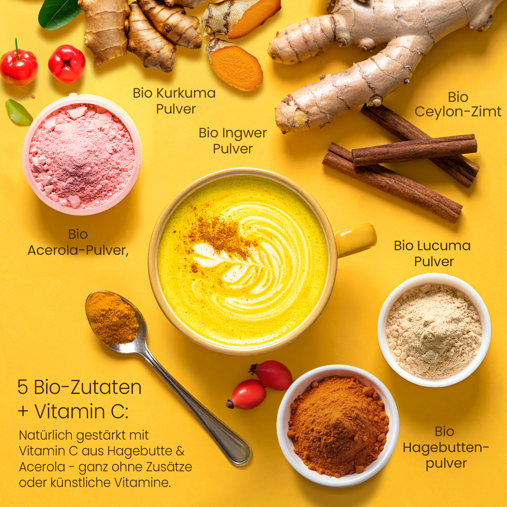 He-Ju Bio Goldene Milch Immungold 300g (60 Portionen), Mit Vitamin C aus Acerola & Hagebutte