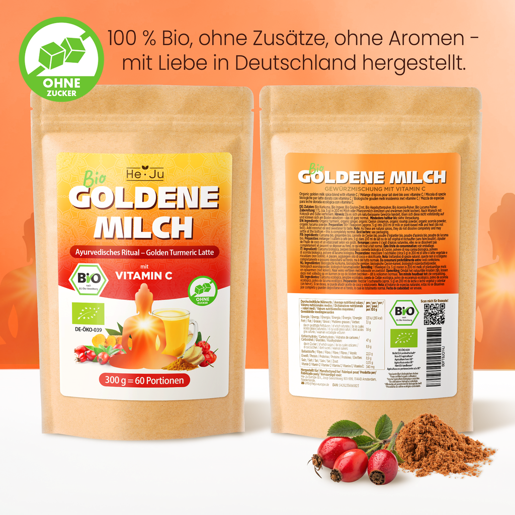 He-Ju Bio Goldene Milch Immungold 300g (60 Portionen), Mit Vitamin C aus Acerola & Hagebutte