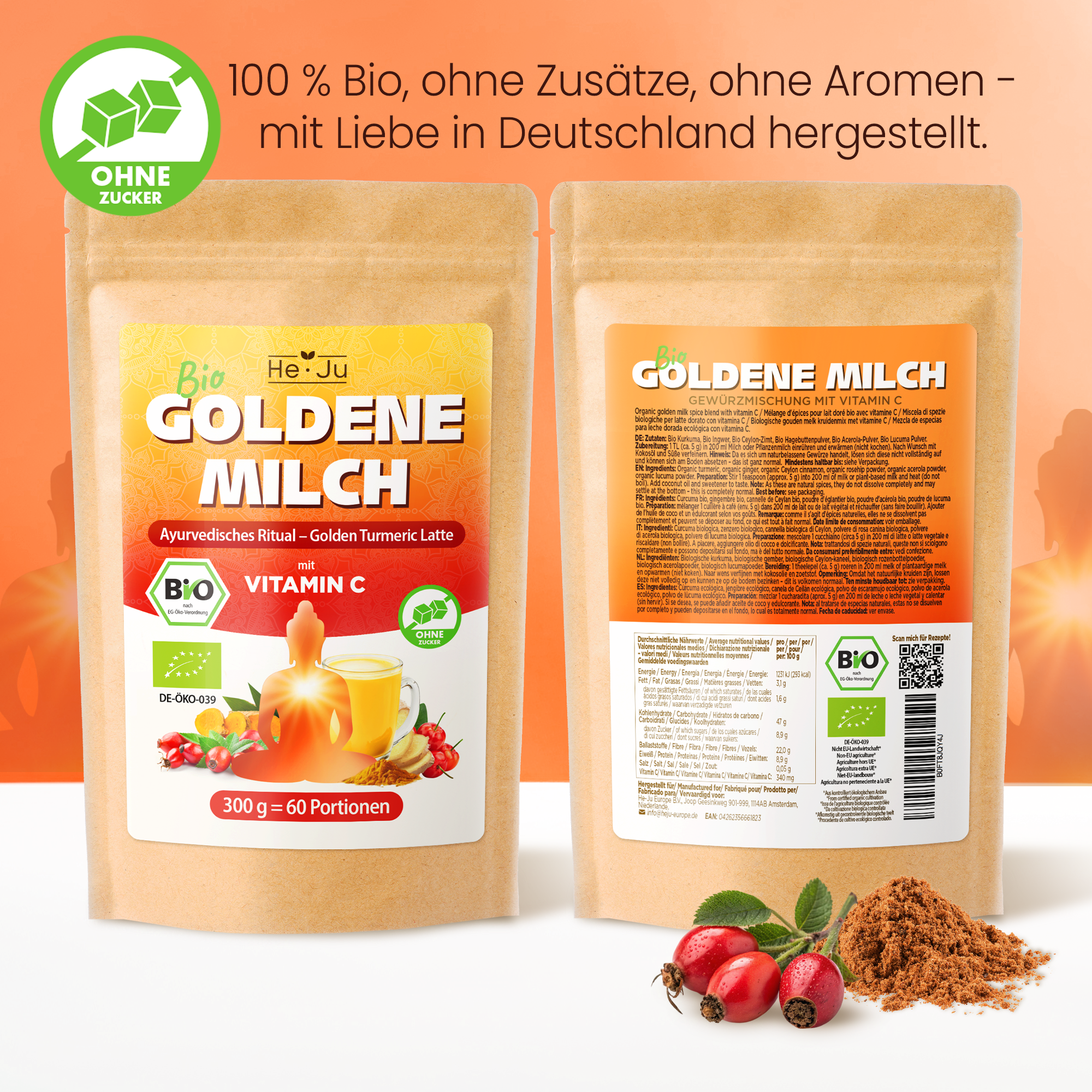 He-Ju Bio Goldene Milch Immungold 300g (60 Portionen), Mit Vitamin C aus Acerola & Hagebutte