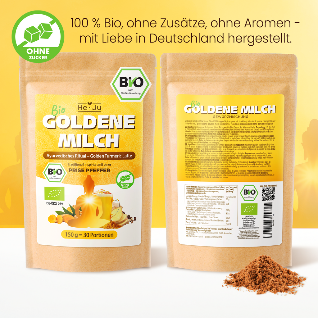 He-Ju Bio Goldene Milch Classic, 150g (30 Portionen), Kurkuma Latte Pulver mit Lucuma