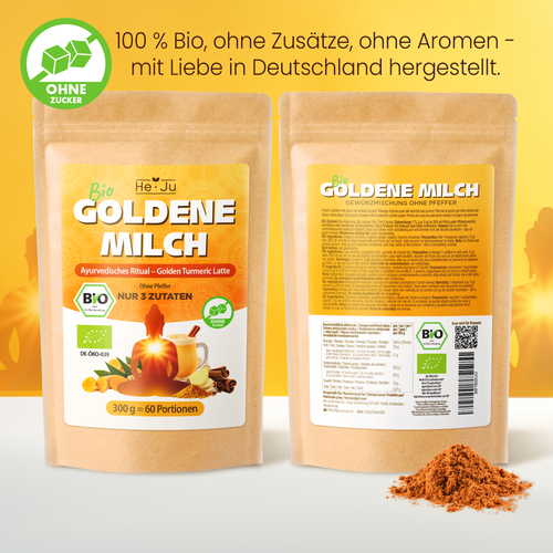 He-Ju Bio Goldene Milch Pur 300g (60 Portionen), Nur 3 Zutaten: Kurkuma, Ingwer & Ceylon Zimt