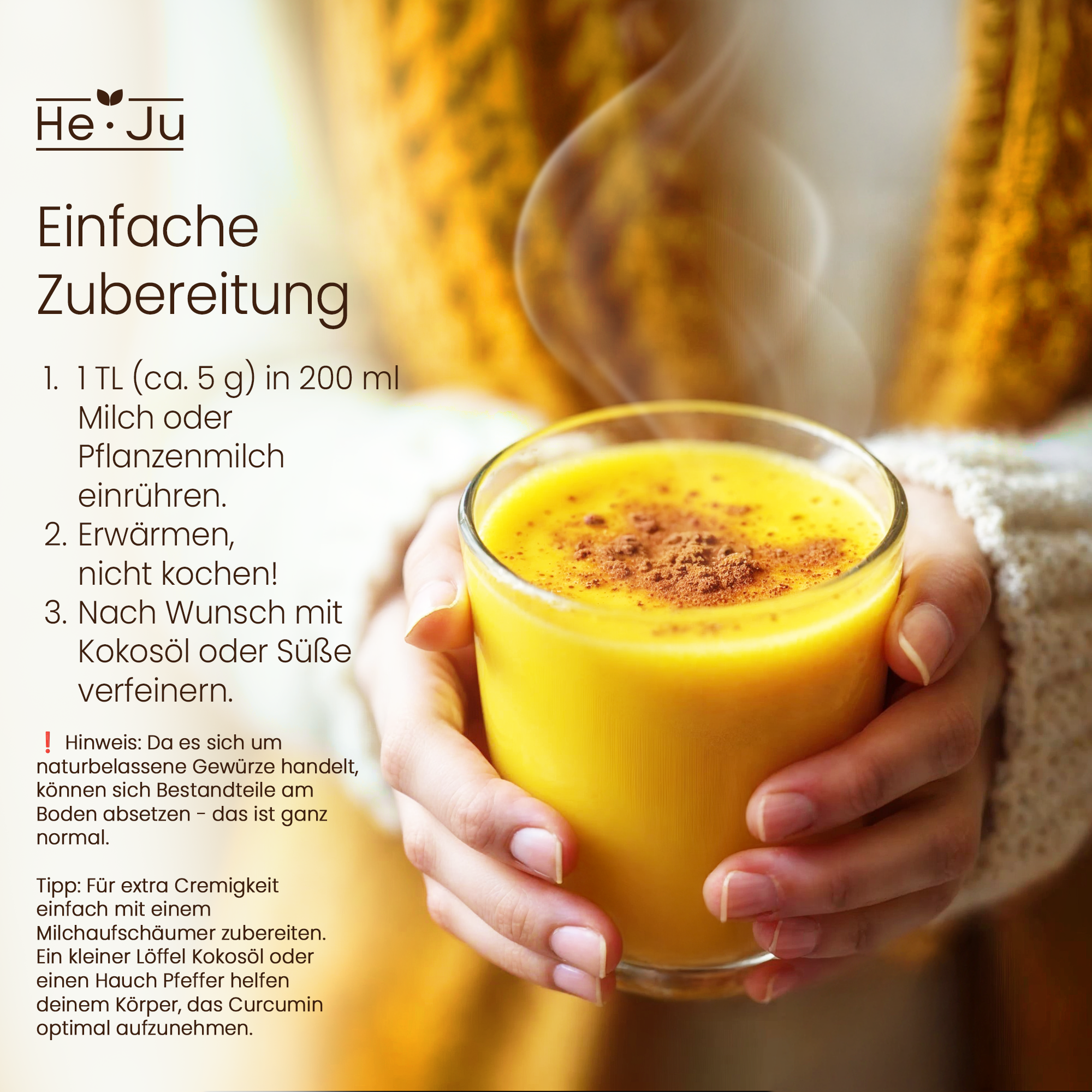 He-Ju Bio Goldene Milch Pur 300g (60 Portionen), Nur 3 Zutaten: Kurkuma, Ingwer & Ceylon Zimt