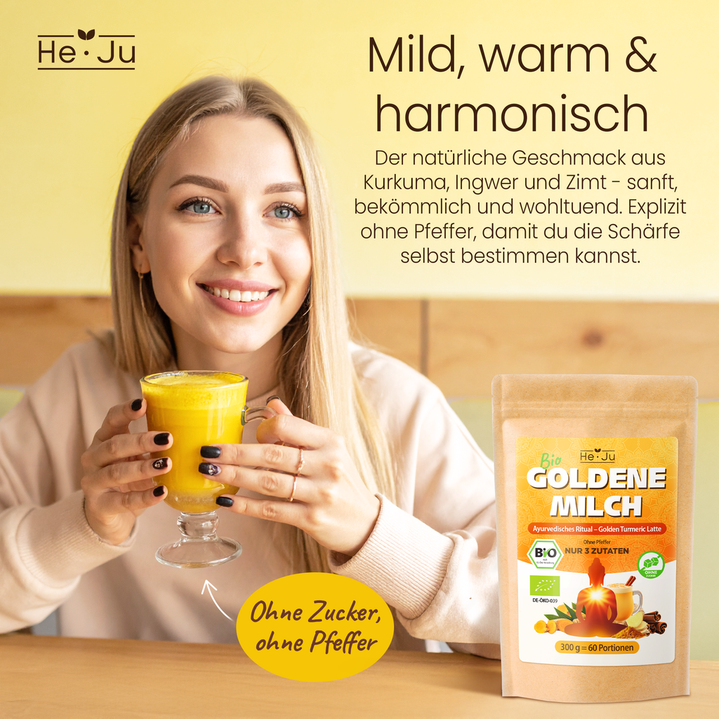 He-Ju Bio Goldene Milch Pur 300g (60 Portionen), Nur 3 Zutaten: Kurkuma, Ingwer & Ceylon Zimt