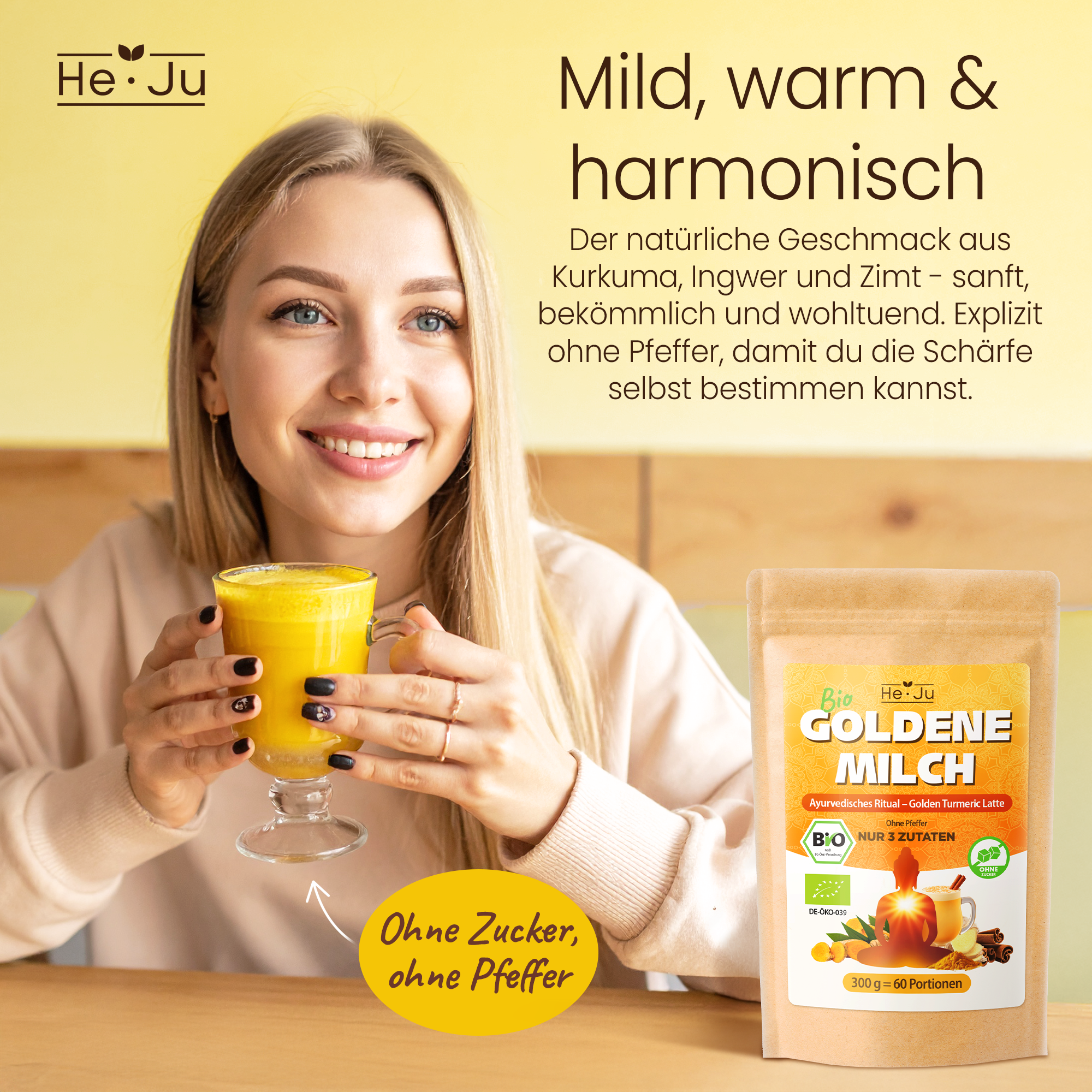 He-Ju Bio Goldene Milch Pur 300g (60 Portionen), Nur 3 Zutaten: Kurkuma, Ingwer & Ceylon Zimt