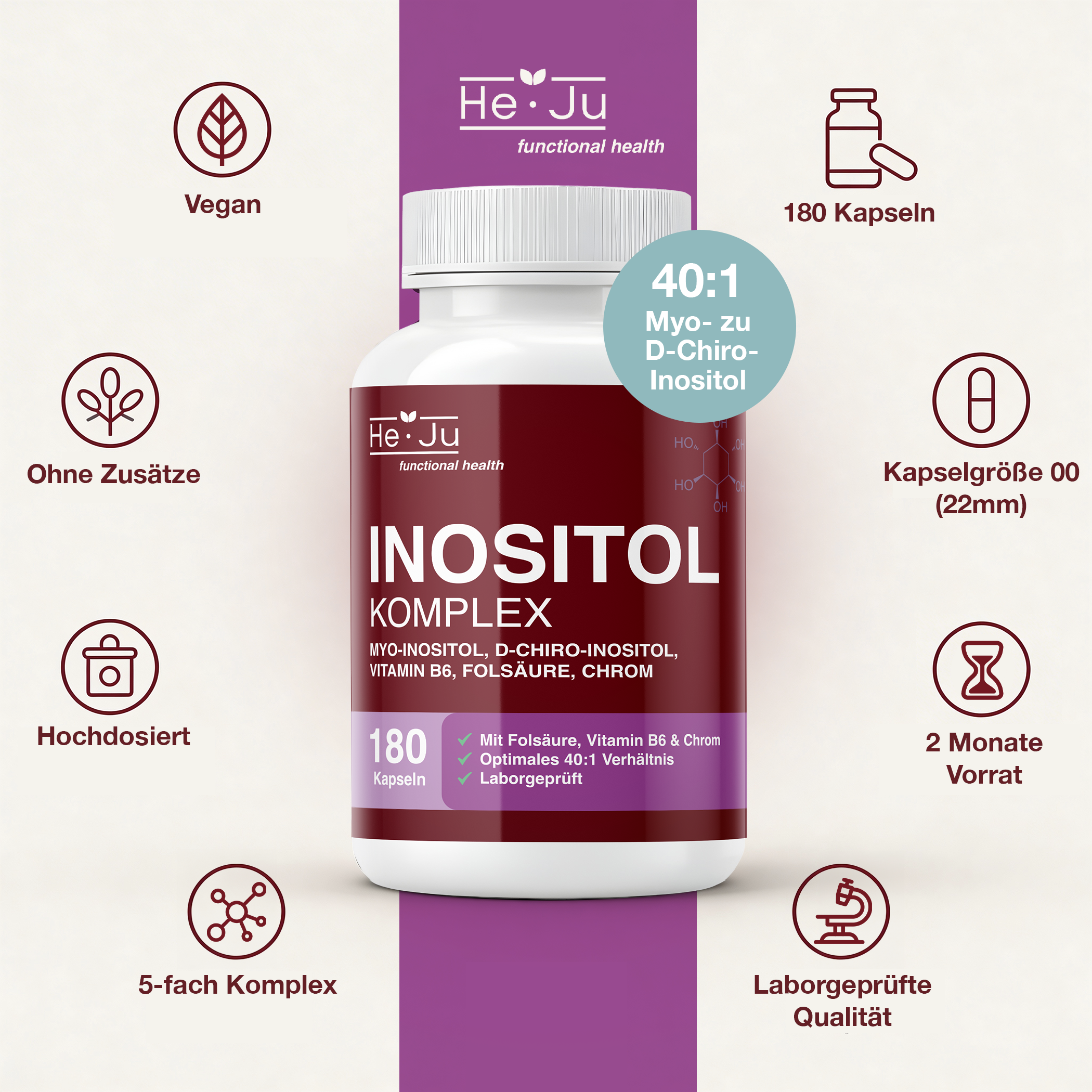He-Ju Inositol Komplex 180 vegane Kapseln, Myo & D-Chiro Inositol 40:1