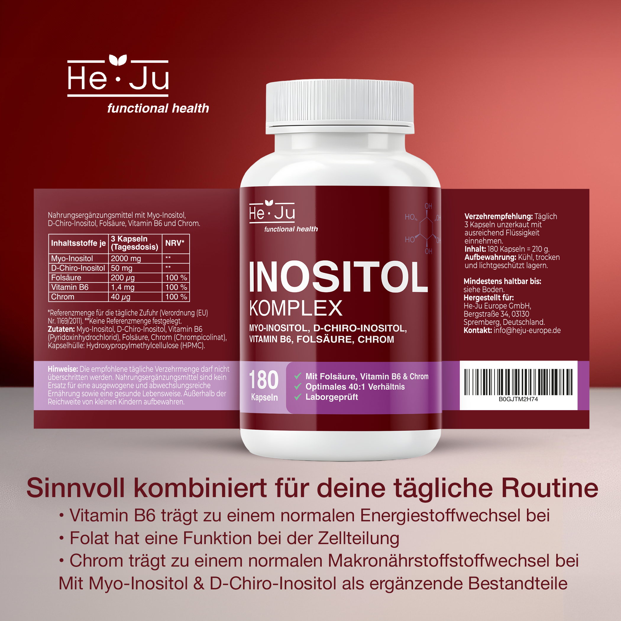 He-Ju Inositol Komplex 180 vegane Kapseln, Myo & D-Chiro Inositol 40:1