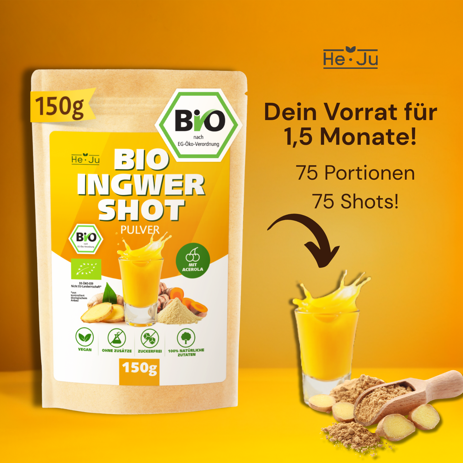 He-Ju Bio Ingwer Shot Pulver 150g (75 Shots) mit natürlichem Vitamin C aus Acerola, extra scharf