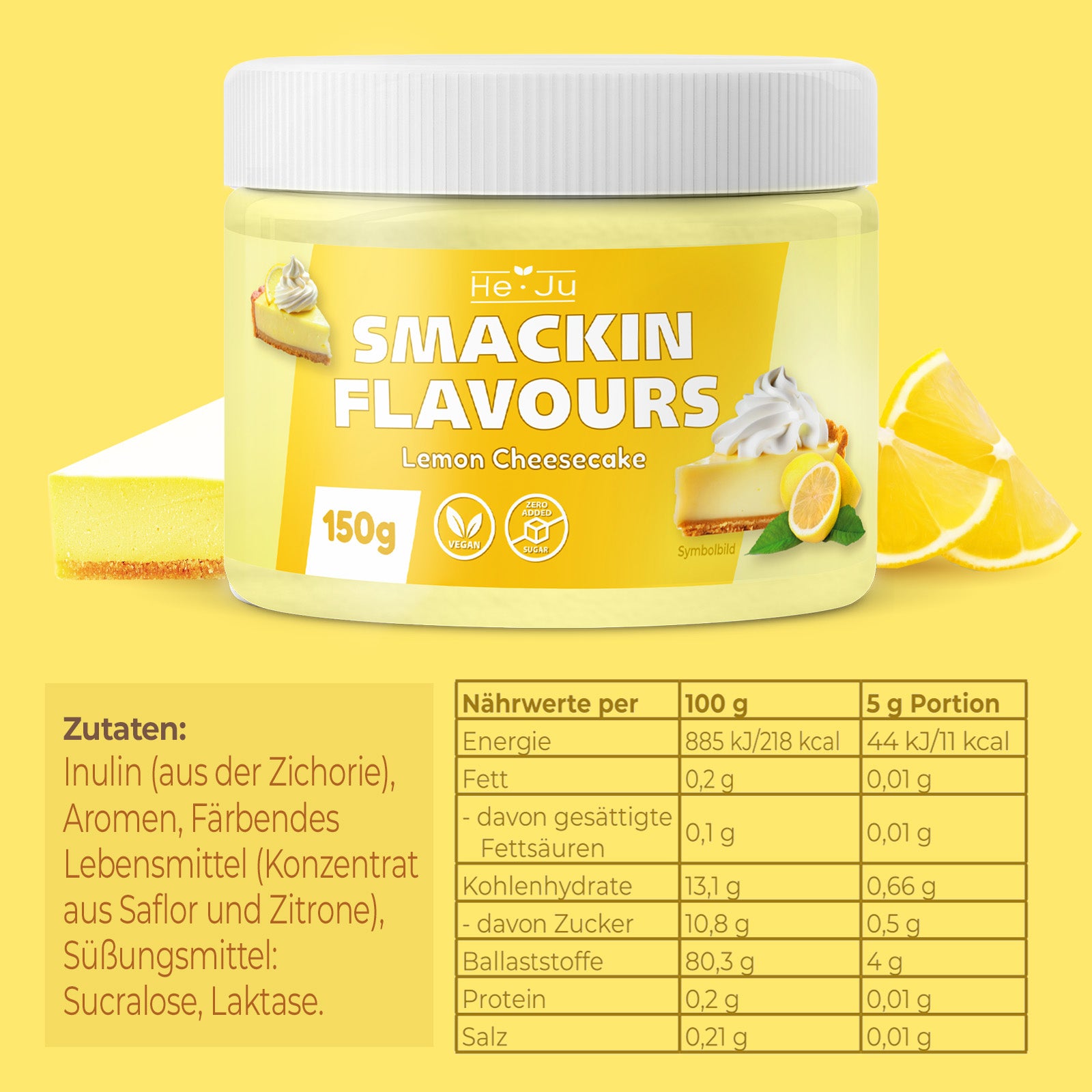 He-Ju Flavour Pulver Lemon Cheesecake, vegan, Lemon Cheesecake Geschmackspulver zum Süßen fast ohne Kalorien (150g)
