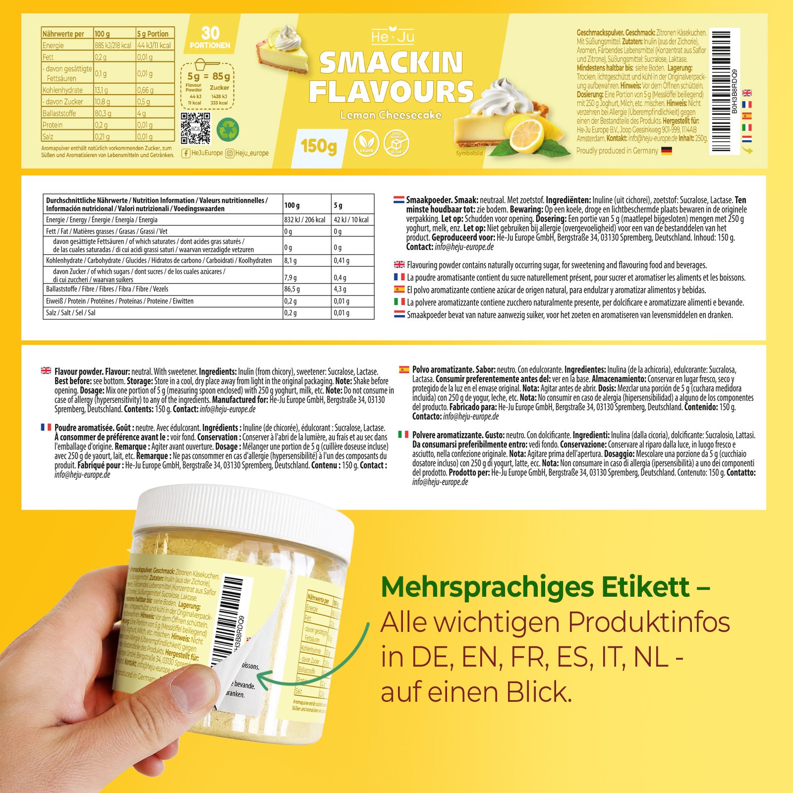 He-Ju Flavour Pulver Lemon Cheesecake, vegan, Lemon Cheesecake Geschmackspulver zum Süßen fast ohne Kalorien (150g)