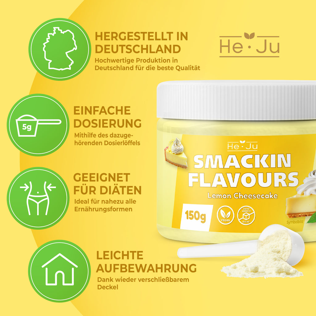 He-Ju Flavour Pulver Lemon Cheesecake, vegan, Lemon Cheesecake Geschmackspulver zum Süßen fast ohne Kalorien (150g)