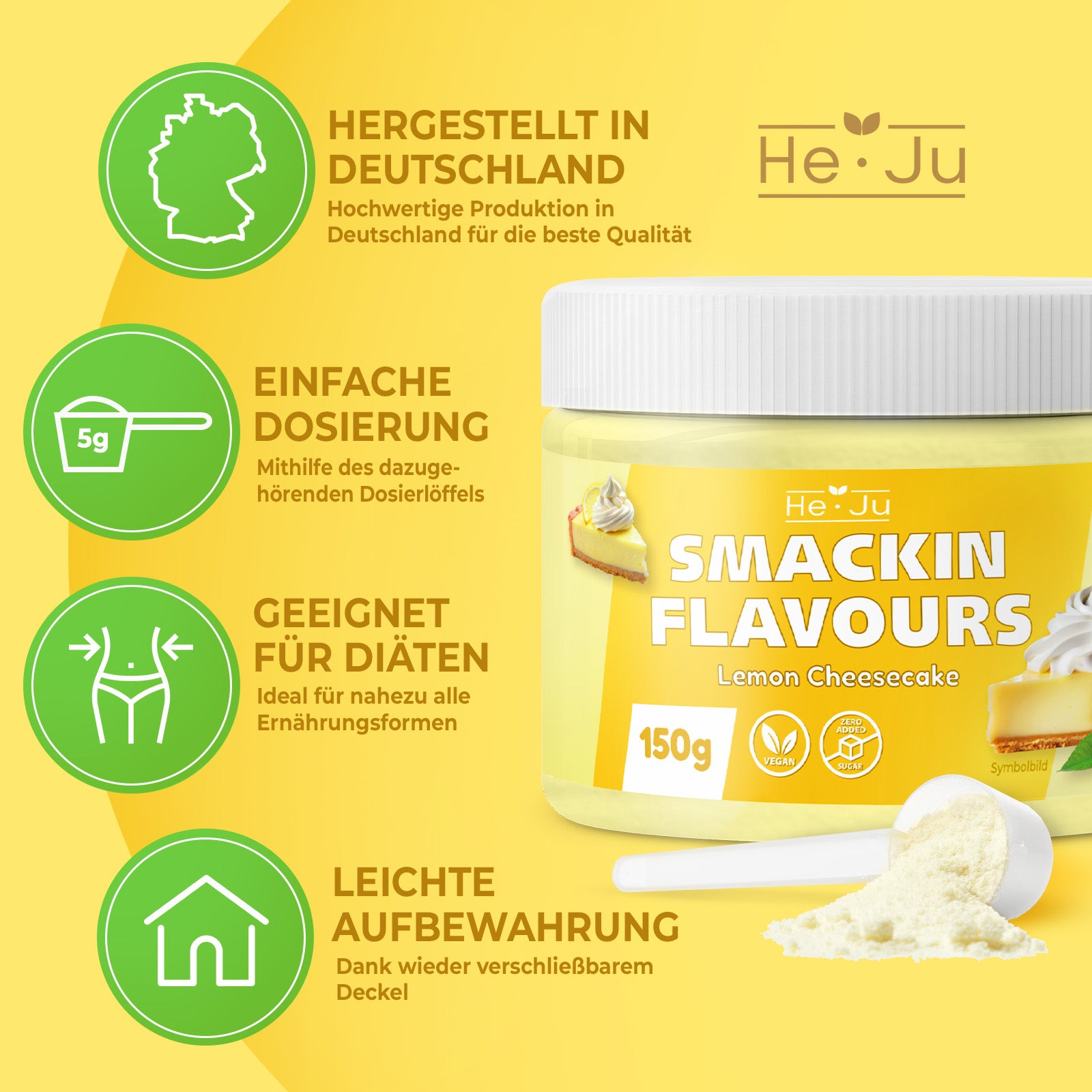 He-Ju Flavour Pulver Lemon Cheesecake, vegan, Lemon Cheesecake Geschmackspulver zum Süßen fast ohne Kalorien (150g)