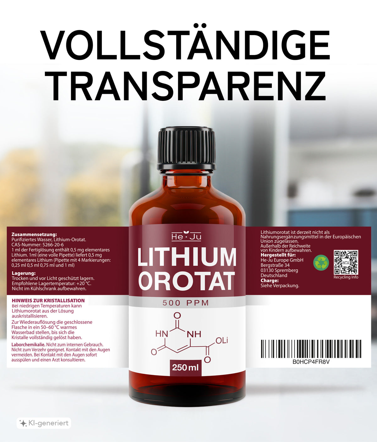 He-Ju Lithium Orotat 250ml Laborchemikalie 550ppm mit Pipette