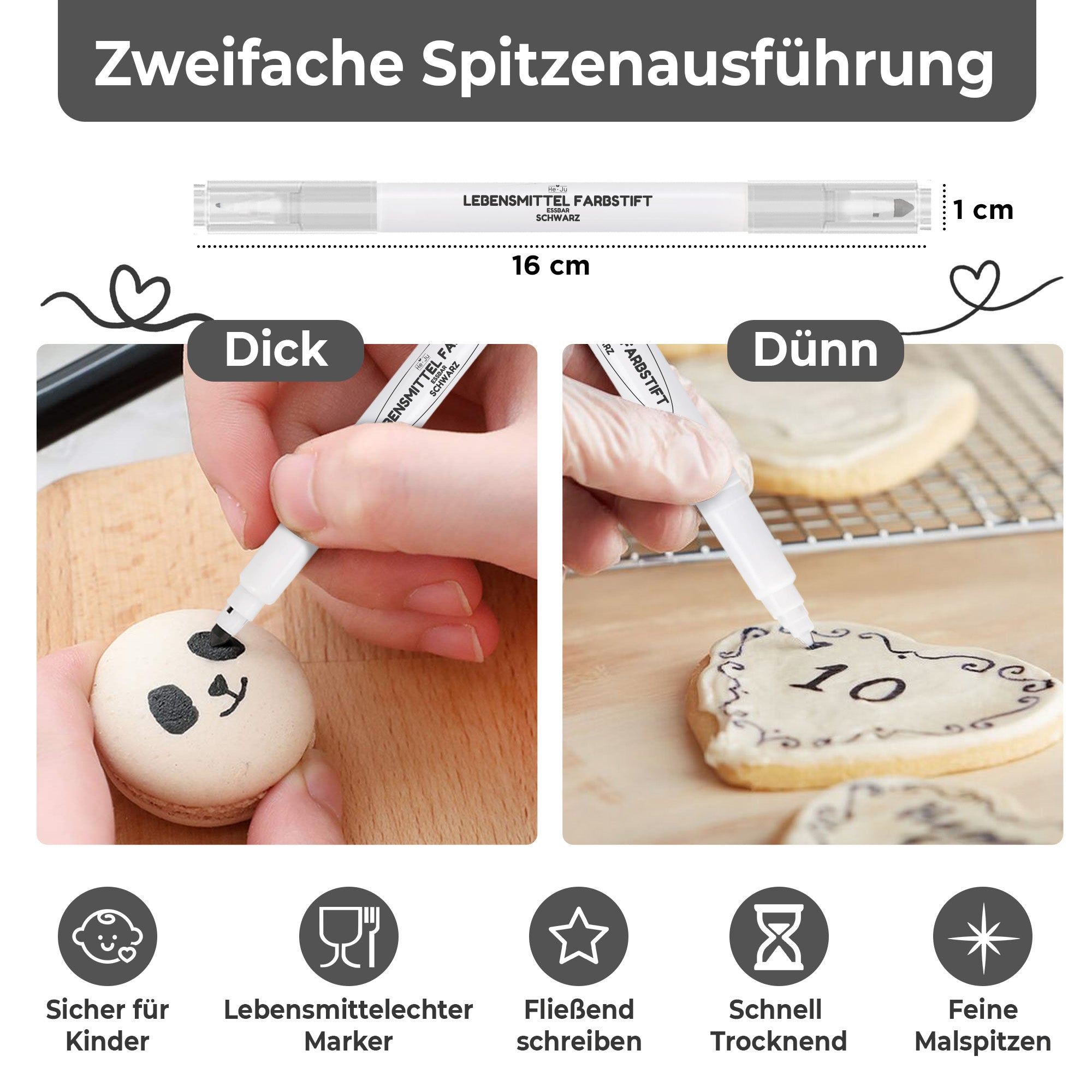 He-Ju Lebensmittelstift schwarz essbar 3er Set