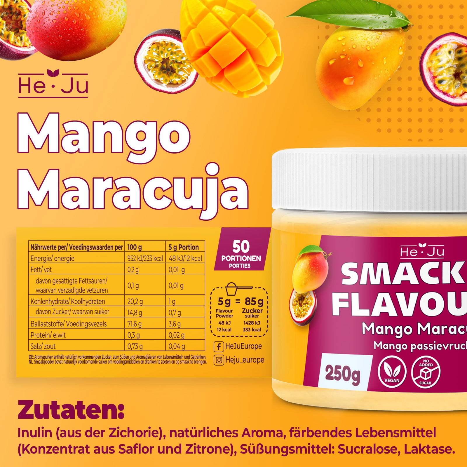 He-Ju Flavour Pulver Mango Maracuja 250g vegan