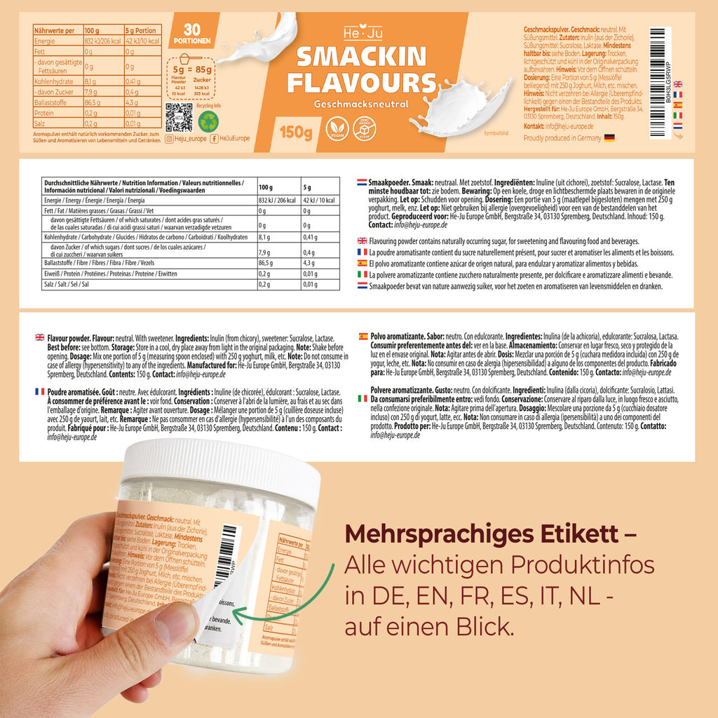 He-Ju Flavour Pulver Geschmacksneutral, vegan, das einzige Geschmackspulver ohne Geschmack zum Süßen (150g)