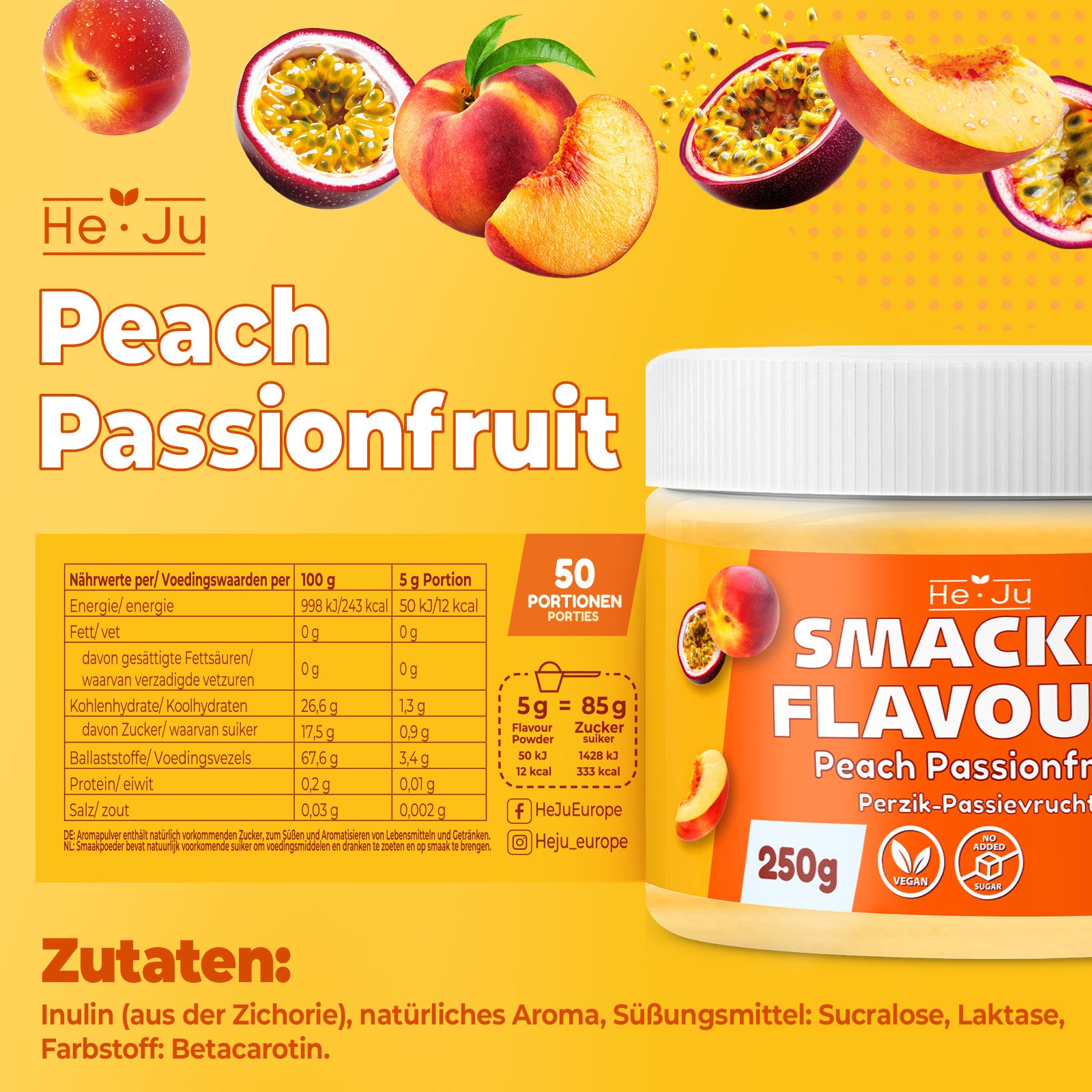 He-Ju Flavour Pulver Peach Passionfruit 250g vegan