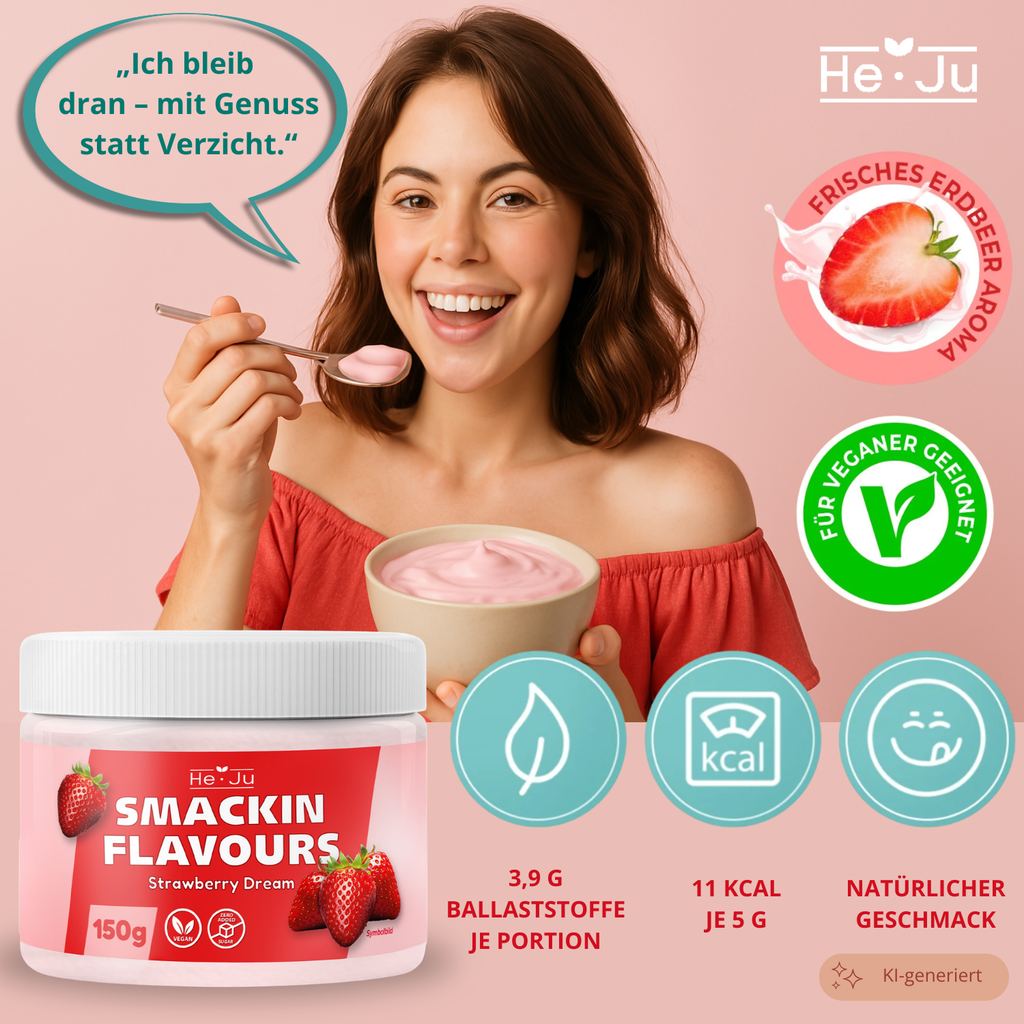 He-Ju Flavour Pulver Erdbeere vegan, Geschmackspulver fast ohne Kalorien zum Süßen mit Erdbeer Geschmack (150g)