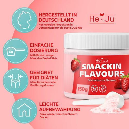 He-Ju Flavour Pulver Erdbeere vegan, Geschmackspulver fast ohne Kalorien zum Süßen mit Erdbeer Geschmack (150g)