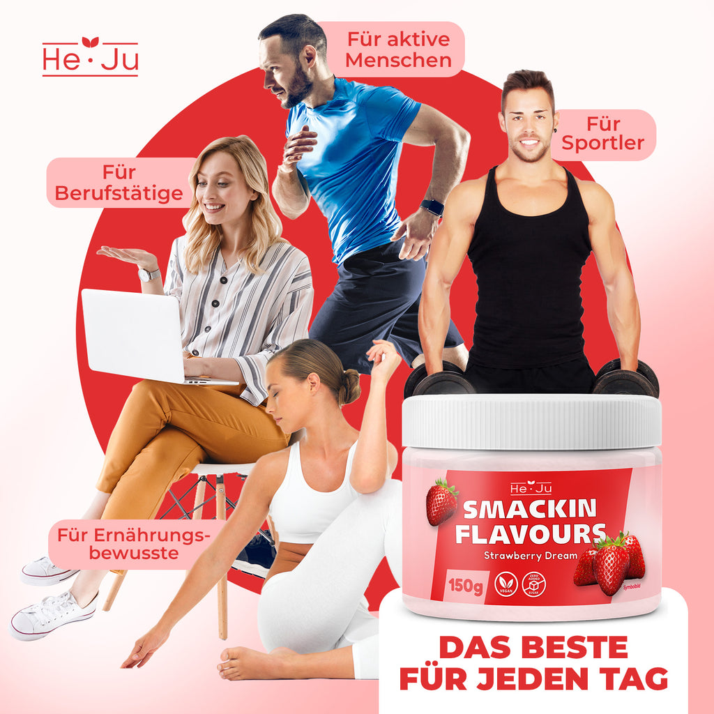He-Ju Flavour Pulver Erdbeere vegan, Geschmackspulver fast ohne Kalorien zum Süßen mit Erdbeer Geschmack (150g)