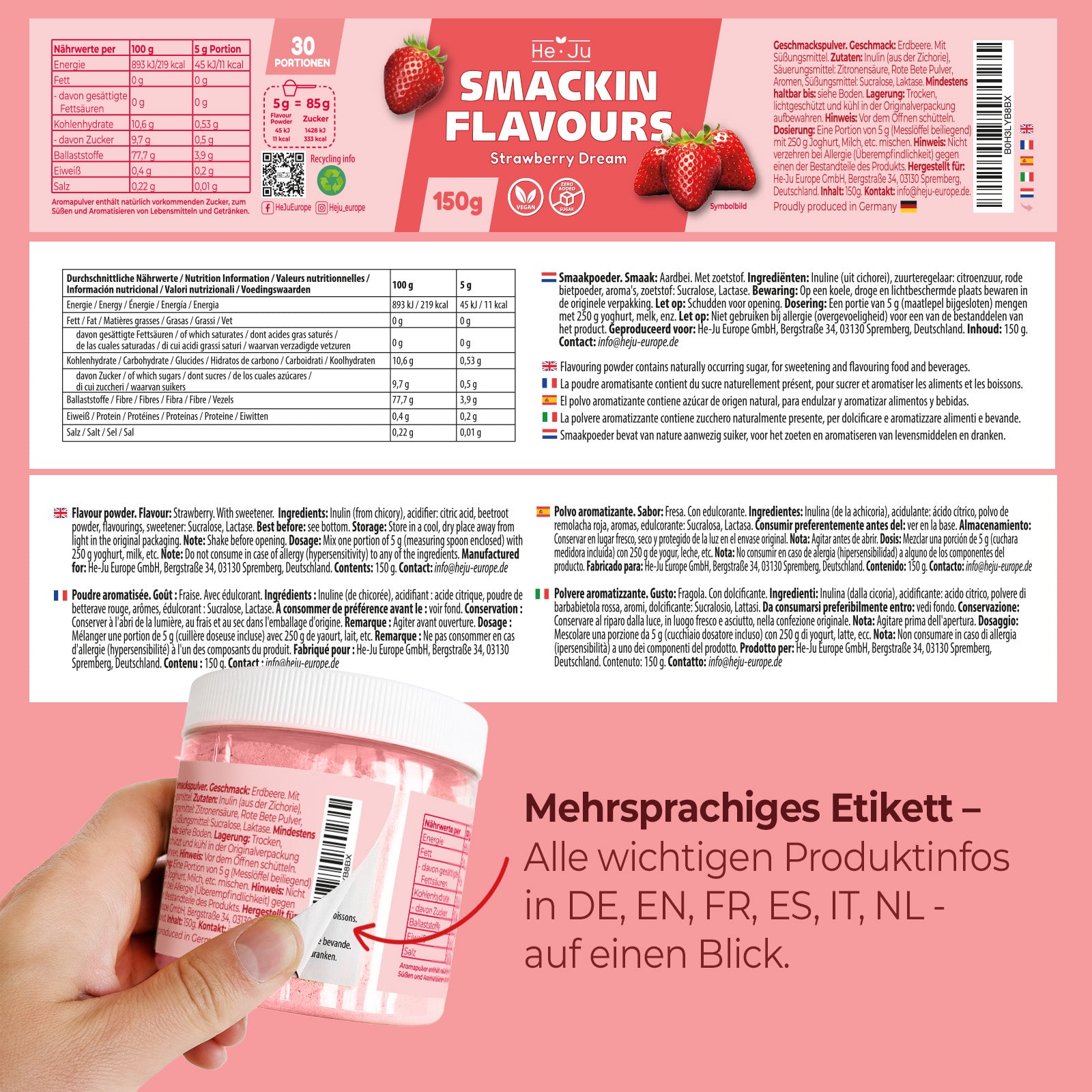 He-Ju Flavour Pulver Erdbeere vegan, Geschmackspulver fast ohne Kalorien zum Süßen mit Erdbeer Geschmack (150g)