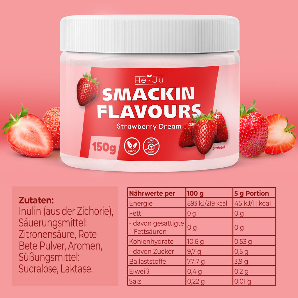 He-Ju Flavour Pulver Erdbeere vegan, Geschmackspulver fast ohne Kalorien zum Süßen mit Erdbeer Geschmack (150g)