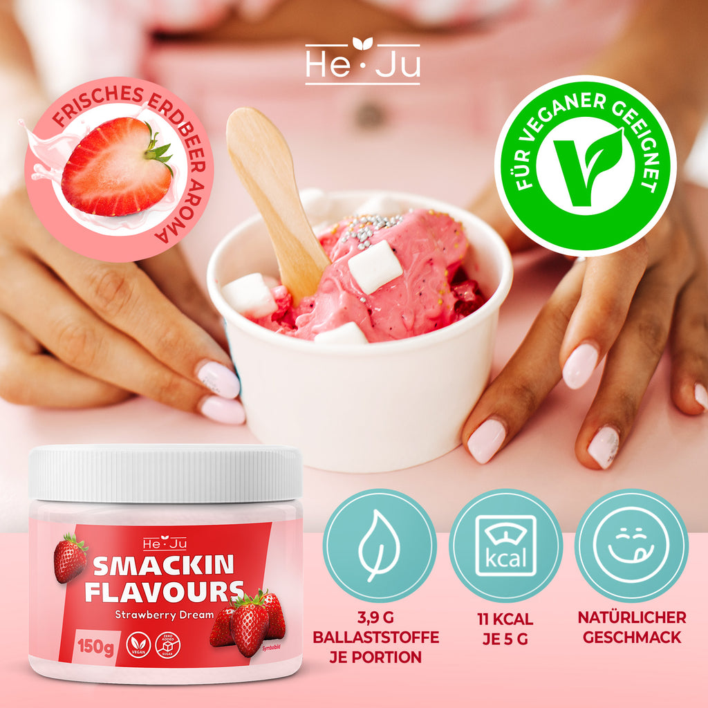 He-Ju Flavour Pulver Erdbeere vegan, Geschmackspulver fast ohne Kalorien zum Süßen mit Erdbeer Geschmack (150g)