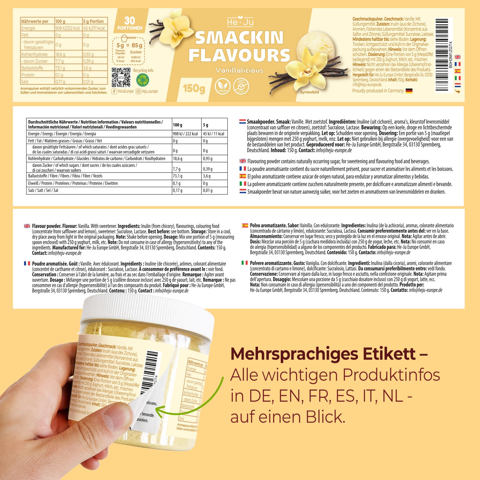 He-Ju Flavour Pulver Vanille, vegan, Geschmackspulver zum Süßen fast ohne Kalorien mit Vanille Geschmack (150g)